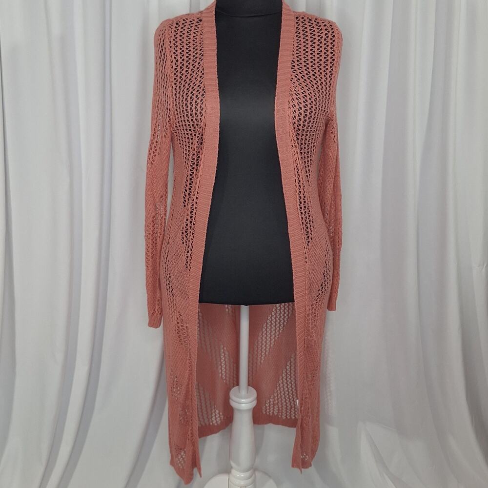 Wishful Park Long Crochet Cardigan Juniors Large Rose Pink Duster Open Front NWT